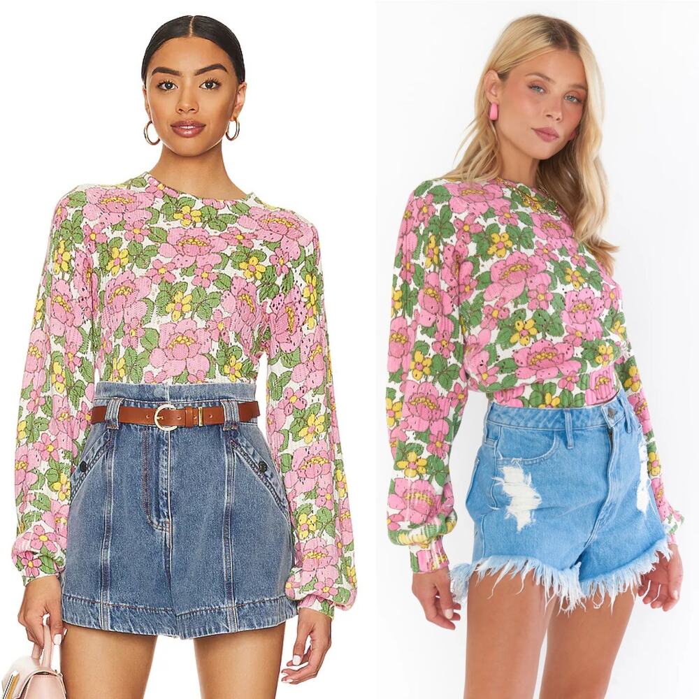 Show Me Your Mumu Pink/Green Floral Print Sweater Women's Size Small Crew Neck